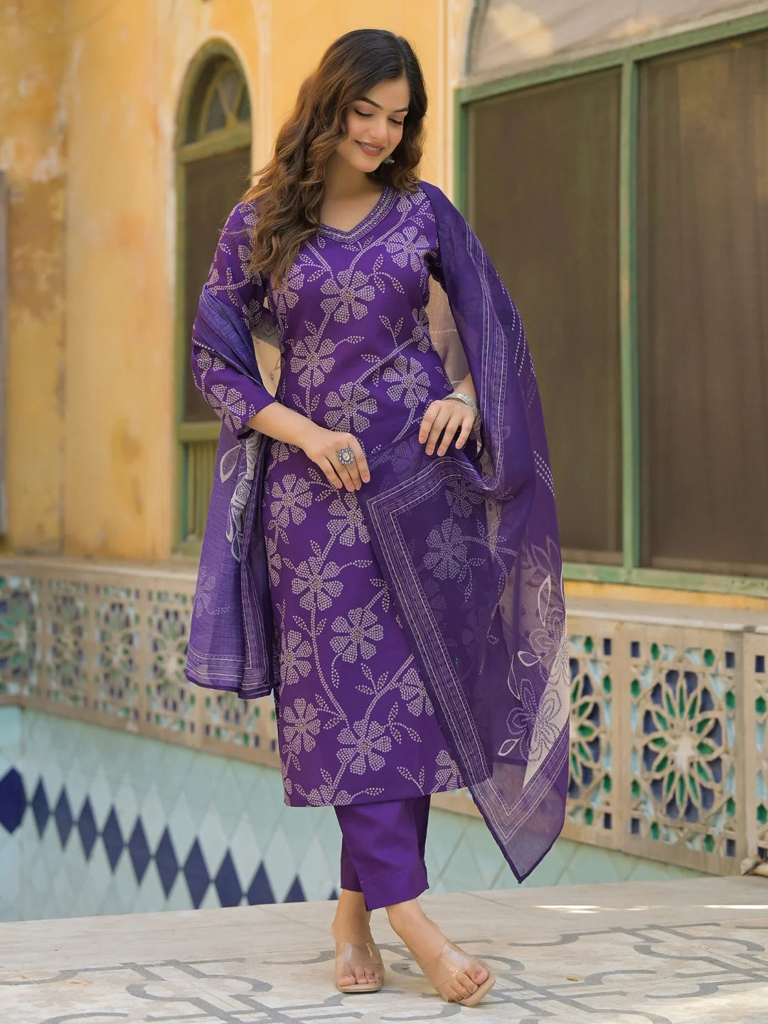 Women Purple Rayon Blend Bandhani Printed Straight Kurta Trouser With Dupatta