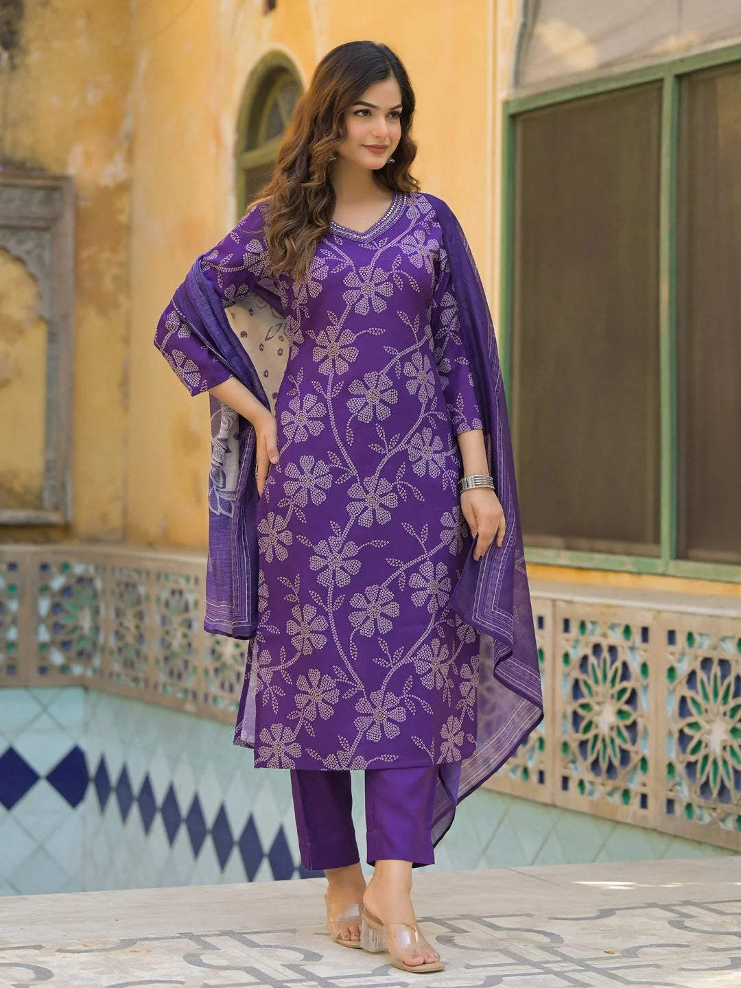 Women Purple Rayon Blend Bandhani Printed Straight Kurta Trouser With Dupatta