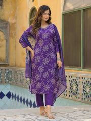 Women Purple Rayon Blend Bandhani Printed Straight Kurta Trouser With Dupatta-SKSKD3083