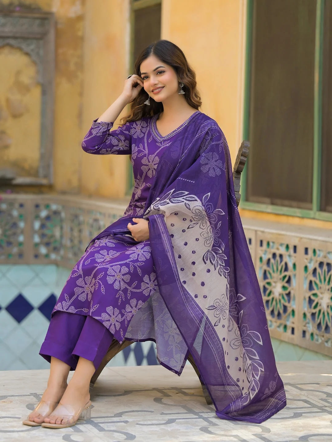 Women Purple Rayon Blend Bandhani Printed Straight Kurta Trouser With Dupatta