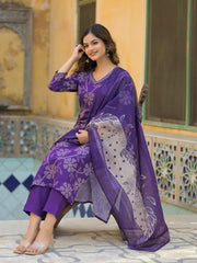 Women Purple Rayon Blend Bandhani Printed Straight Kurta Trouser With Dupatta-SKSKD3083