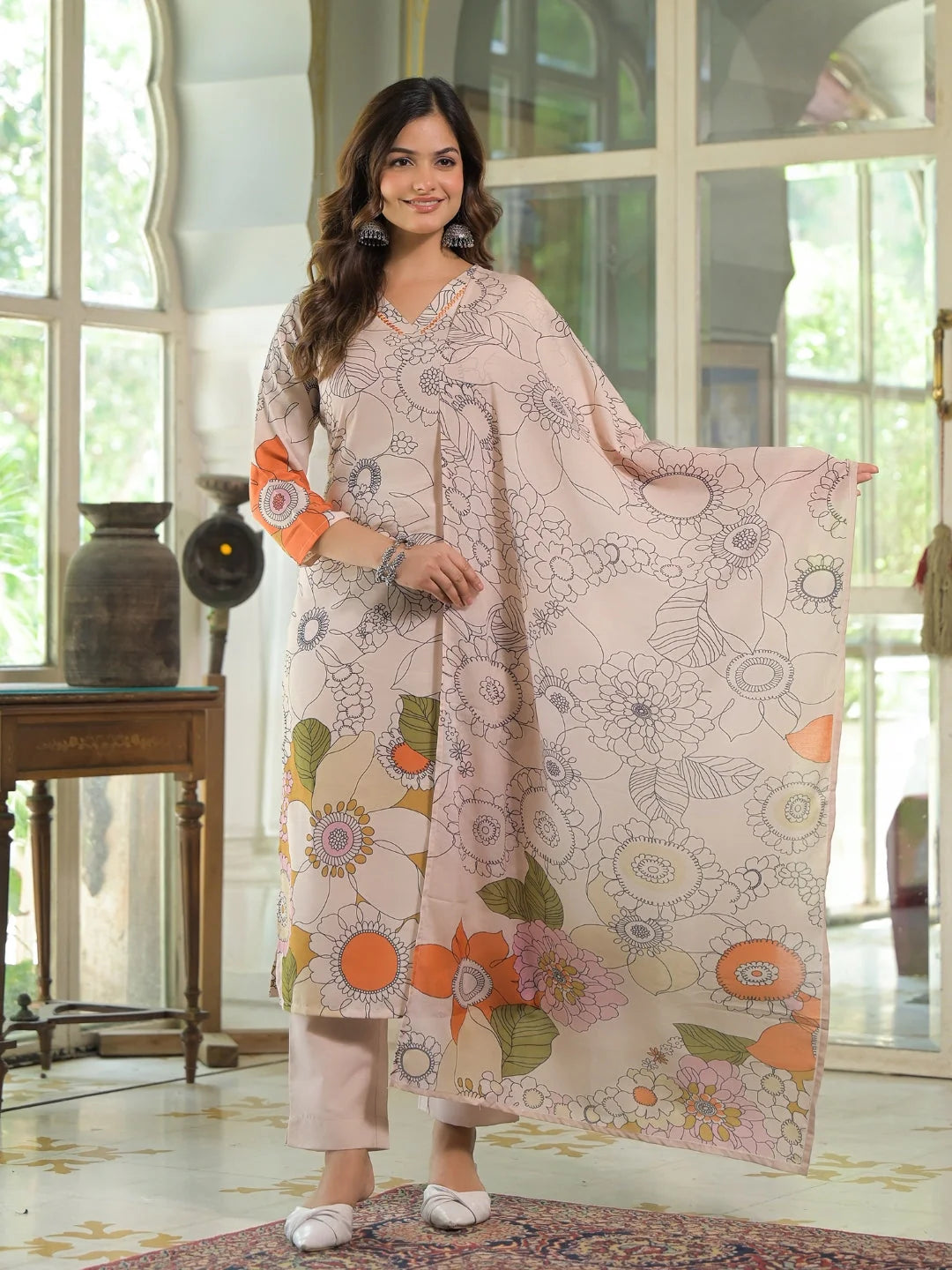 Women Cream Rayon Blend Floral Printed Straight Kurta Trouser With Dupatta