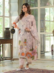 Women Cream Rayon Blend Floral Printed Straight Kurta Trouser With Dupatta-SKSKD3085