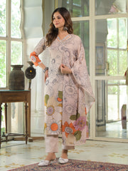 Women Cream Rayon Blend Floral Printed Straight Kurta Trouser With Dupatta-SKSKD3085