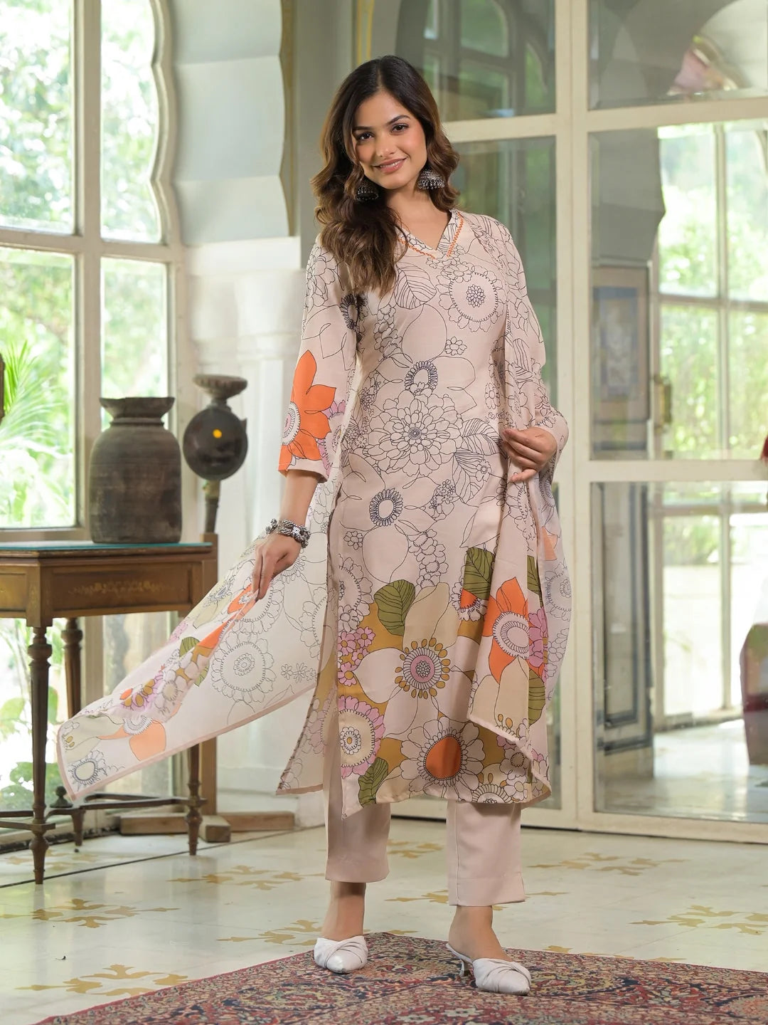 Women Cream Rayon Blend Floral Printed Straight Kurta Trouser With Dupatta
