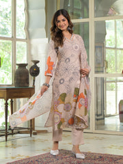 Women Cream Rayon Blend Floral Printed Straight Kurta Trouser With Dupatta-SKSKD3085