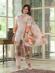 Women Cream Rayon Blend Floral Printed Straight Kurta Trouser With Dupatta-SKSKD3085