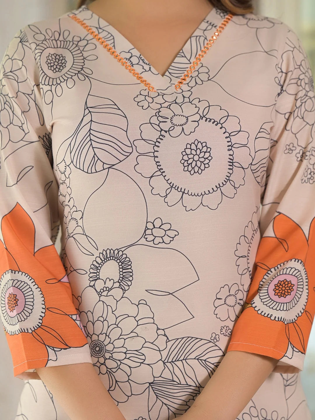 Women Cream Rayon Blend Floral Printed Straight Kurta Trouser With Dupatta