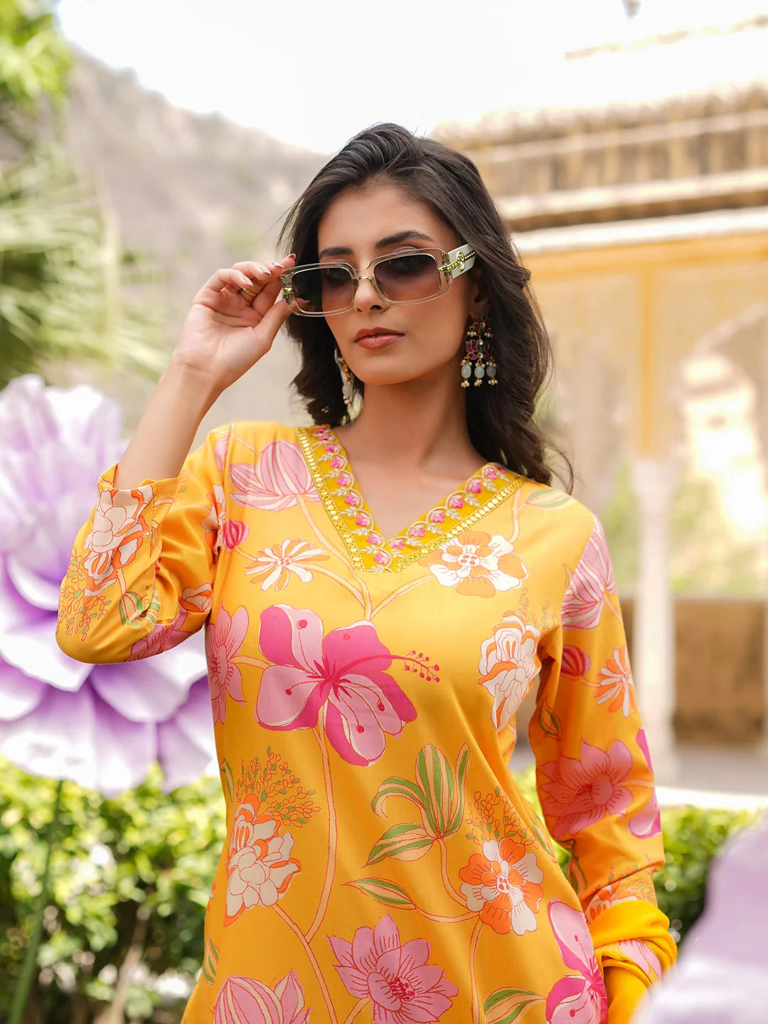 Women Yellow Silk Blend Floral Printed Straight Kurta Trousers With Dupatta-SKSKD3099