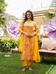 Women Yellow Silk Blend Floral Printed Straight Kurta Trousers With Dupatta-SKSKD3099