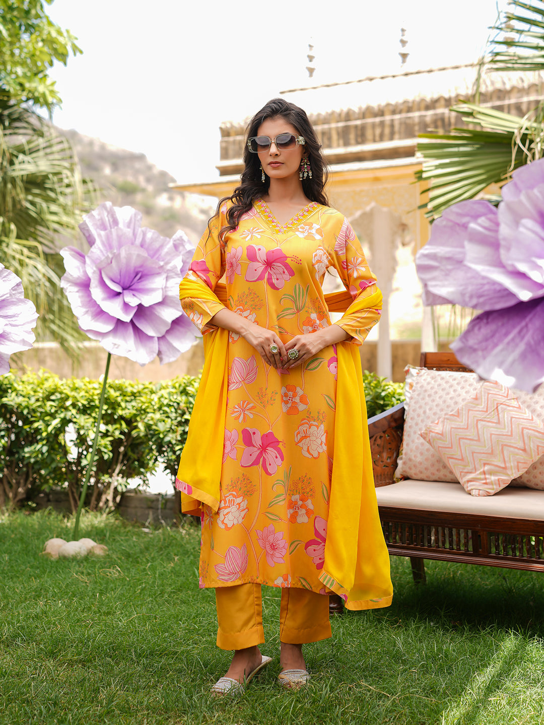 Women Yellow Silk Blend Floral Printed Straight Kurta Trousers With Dupatta