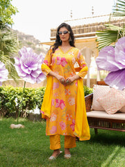 Women Yellow Silk Blend Floral Printed Straight Kurta Trousers With Dupatta-SKSKD3099