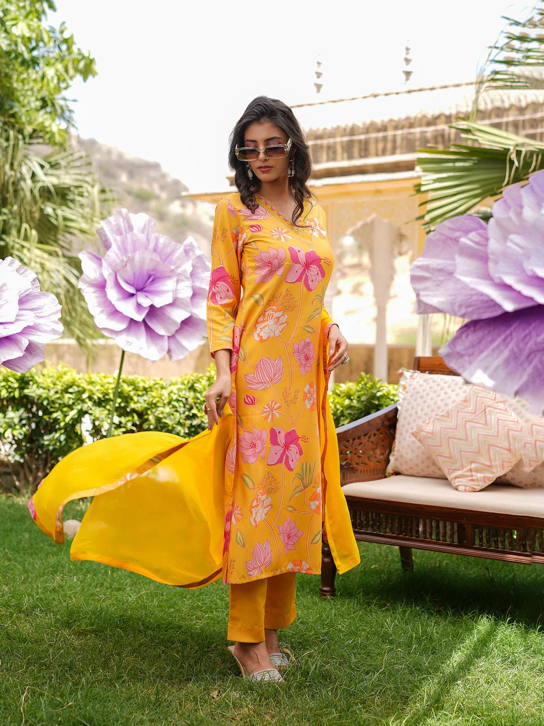 Women Yellow Silk Blend Floral Printed Straight Kurta Trousers With Dupatta