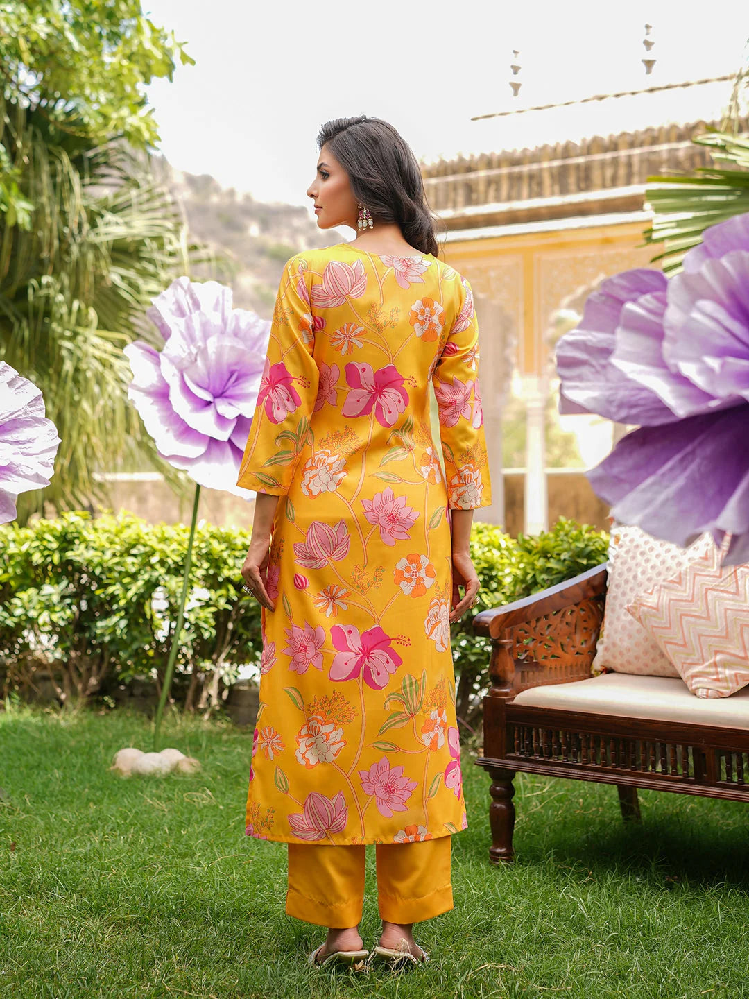 Women Yellow Silk Blend Floral Printed Straight Kurta Trousers With Dupatta