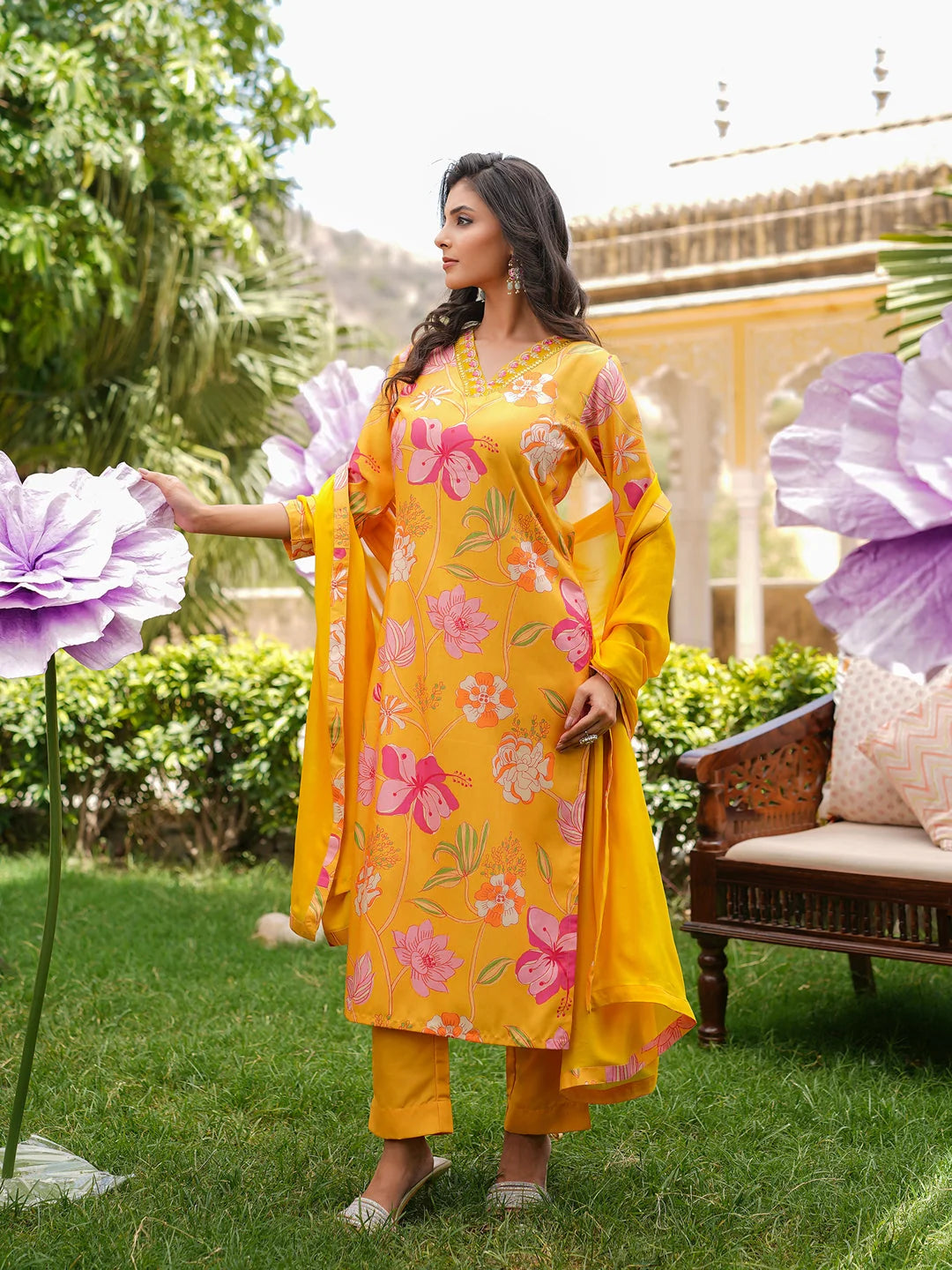 Women Yellow Silk Blend Floral Printed Straight Kurta Trousers With Dupatta