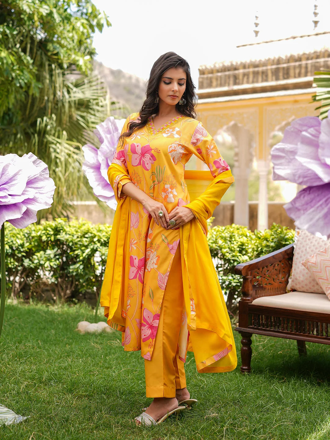 Women Yellow Silk Blend Floral Printed Straight Kurta Trousers With Dupatta