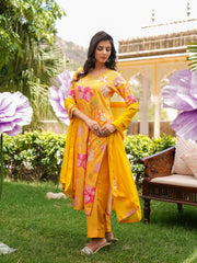 Women Yellow Silk Blend Floral Printed Straight Kurta Trousers With Dupatta-SKSKD3099
