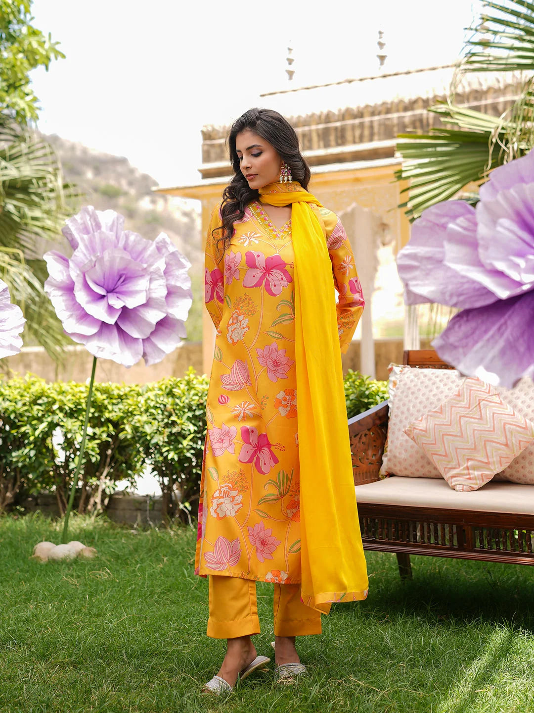 Women Yellow Silk Blend Floral Printed Straight Kurta Trousers With Dupatta