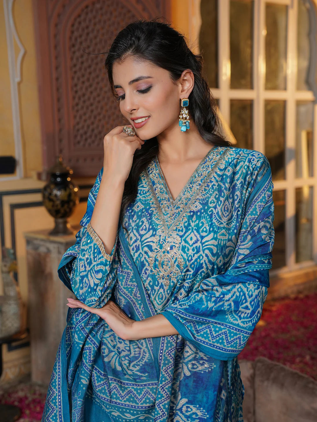 Women Blue Silk Blend Ikat Printed Straight Kurta Trousers With Dupatta