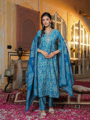 Women Blue Silk Blend Ikat Printed Straight Kurta Trousers With Dupatta-SKSKD3103