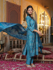 Women Blue Silk Blend Ikat Printed Straight Kurta Trousers With Dupatta-SKSKD3103