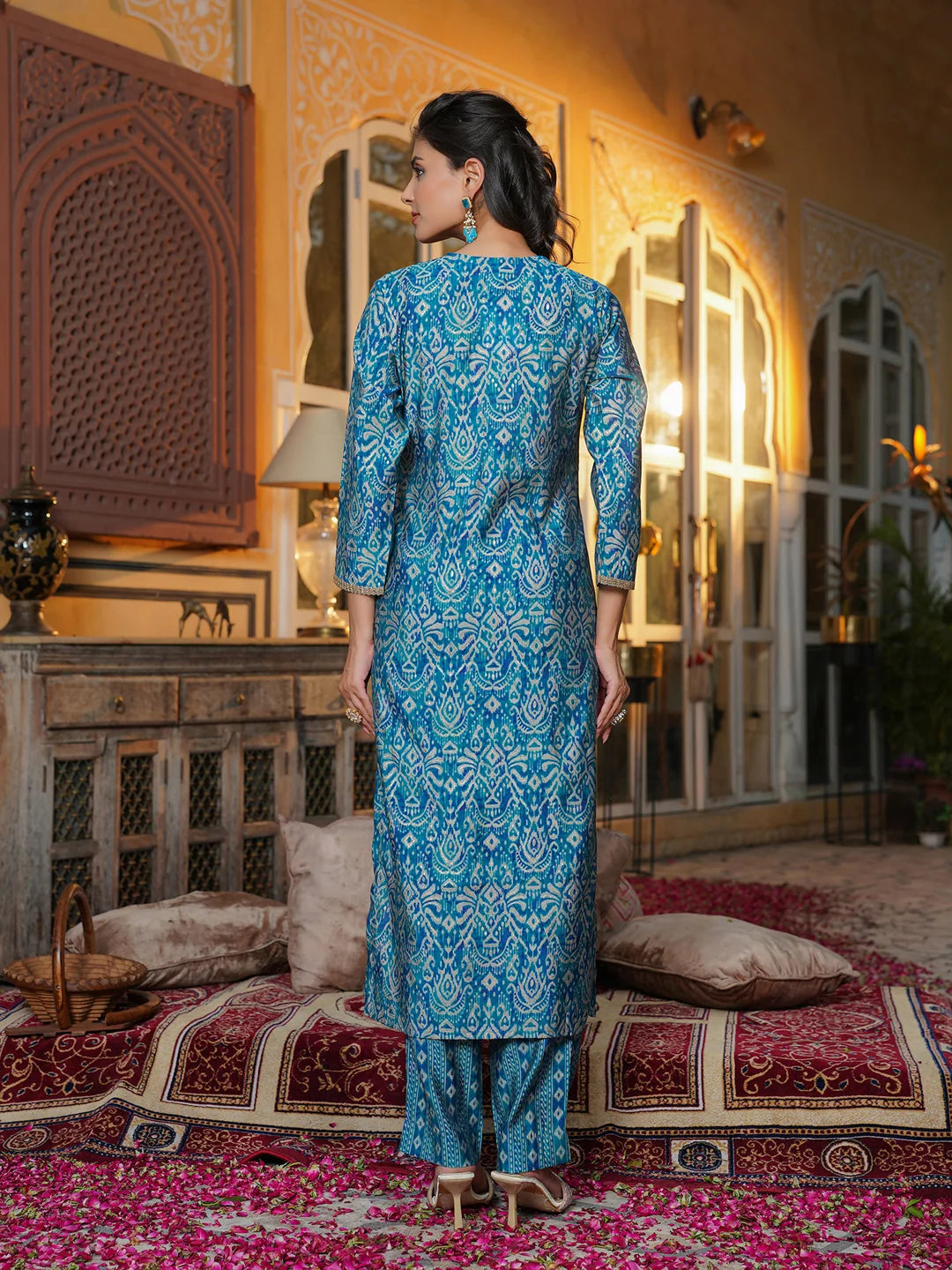 Women Blue Silk Blend Ikat Printed Straight Kurta Trousers With Dupatta