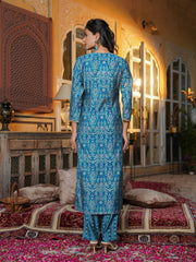 Women Blue Silk Blend Ikat Printed Straight Kurta Trousers With Dupatta-SKSKD3103