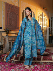 Women Blue Silk Blend Ikat Printed Straight Kurta Trousers With Dupatta-SKSKD3103