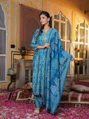 Women Blue Silk Blend Ikat Printed Straight Kurta Trousers With Dupatta-SKSKD3103