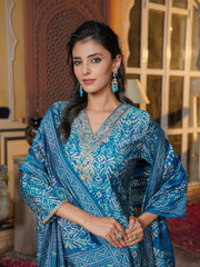 Women Blue Silk Blend Ikat Printed Straight Kurta Trousers With Dupatta-SKSKD3103
