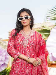 Women Red Silk Blend Ikat Printed Straight Kurta Trousers With Dupatta-SKSKD3104