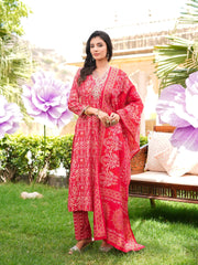 Women Red Silk Blend Ikat Printed Straight Kurta Trousers With Dupatta-SKSKD3104