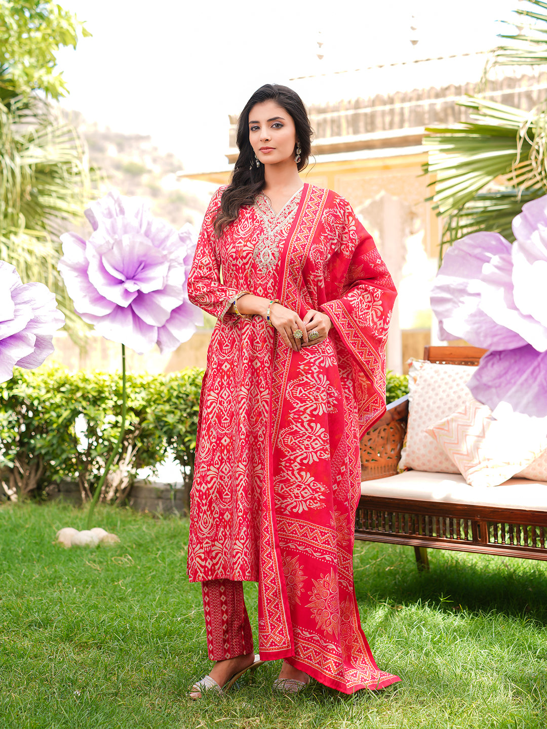 Women Red Silk Blend Ikat Printed Straight Kurta Trousers With Dupatta