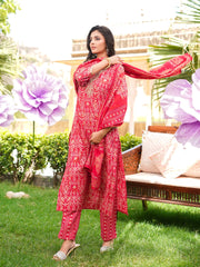 Women Red Silk Blend Ikat Printed Straight Kurta Trousers With Dupatta-SKSKD3104