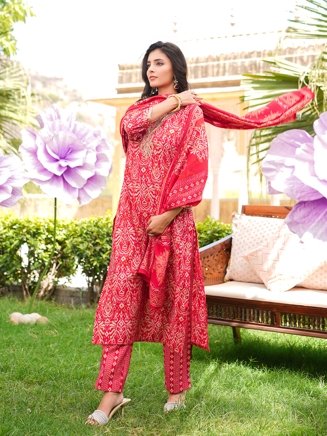 Women Red Silk Blend Ikat Printed Straight Kurta Trousers With Dupatta