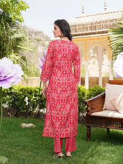 Women Red Silk Blend Ikat Printed Straight Kurta Trousers With Dupatta-SKSKD3104