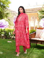 Women Red Silk Blend Ikat Printed Straight Kurta Trousers With Dupatta-SKSKD3104