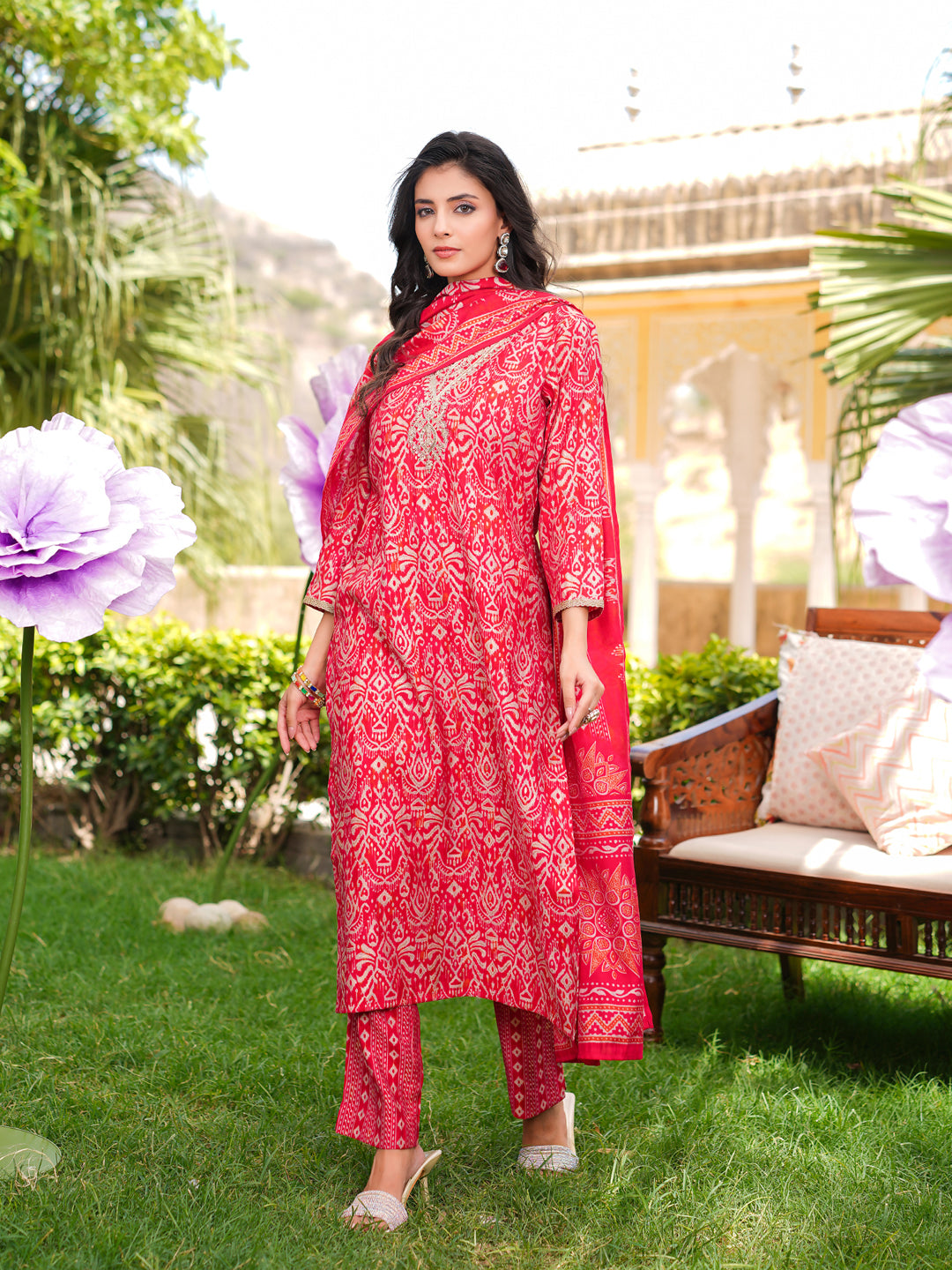 Women Red Silk Blend Ikat Printed Straight Kurta Trousers With Dupatta