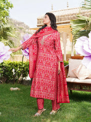 Women Red Silk Blend Ikat Printed Straight Kurta Trousers With Dupatta-SKSKD3104