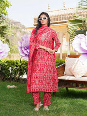 Women Red Silk Blend Ikat Printed Straight Kurta Trousers With Dupatta-SKSKD3104