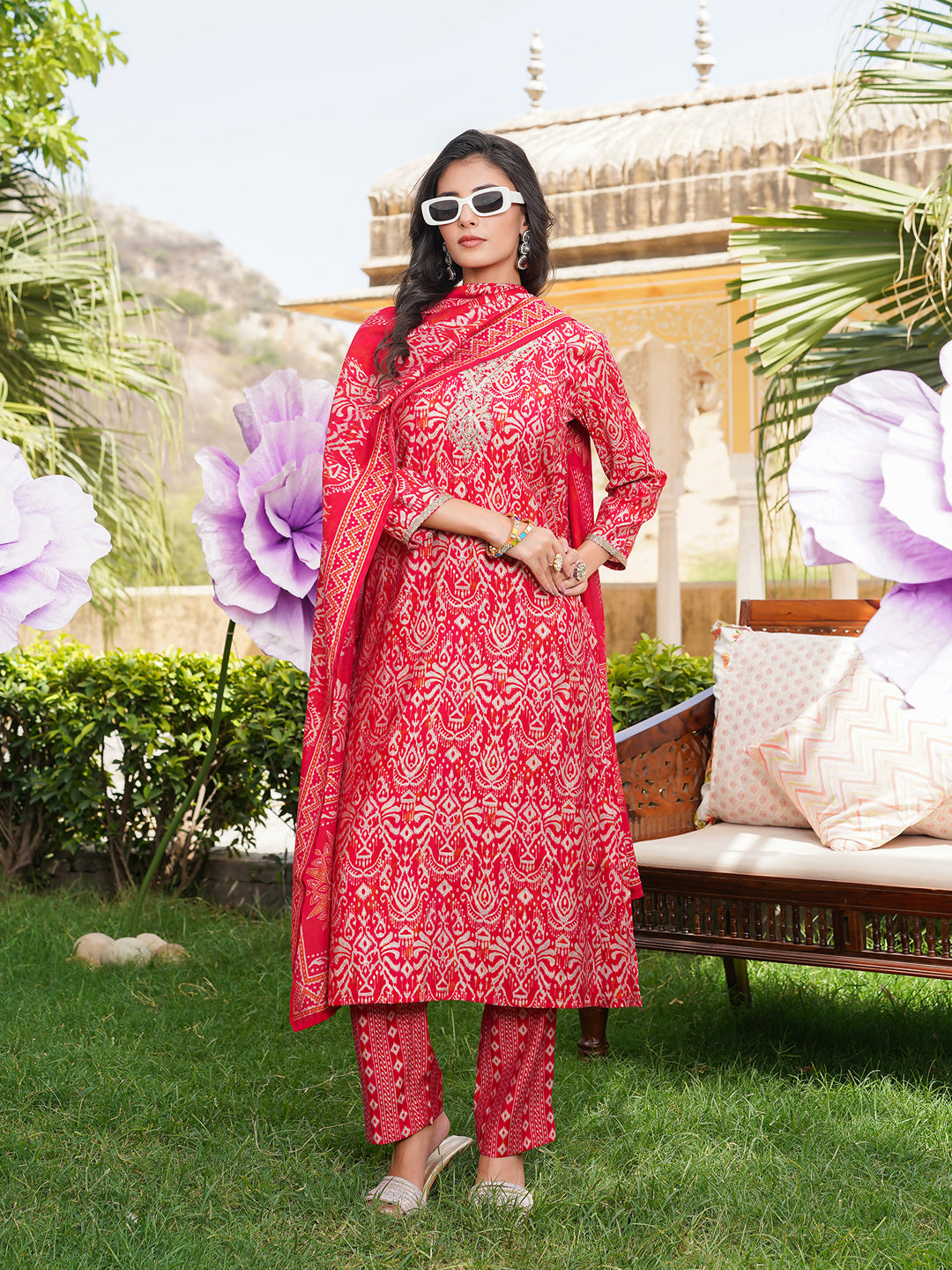 Women Red Silk Blend Ikat Printed Straight Kurta Trousers With Dupatta