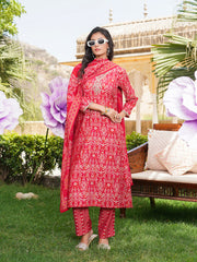 Women Red Silk Blend Ikat Printed Straight Kurta Trousers With Dupatta-SKSKD3104