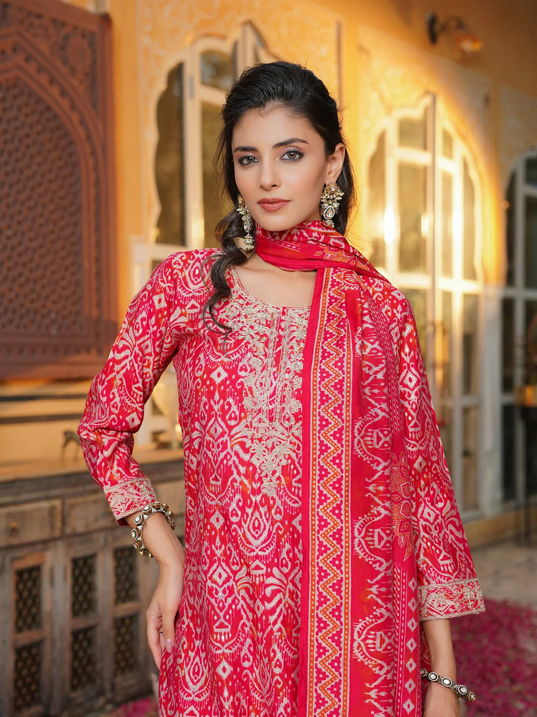 Women Red Silk Blend Ikat Embroidered Straight Kurta Trousers With Dupatta