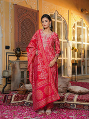 Women Red Silk Blend Ikat Embroidered Straight Kurta Trousers With Dupatta-SKSKD3105