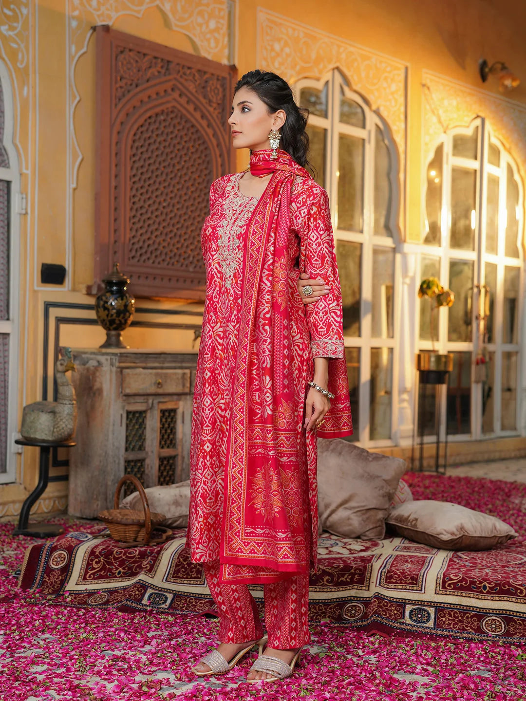 Women Red Silk Blend Ikat Embroidered Straight Kurta Trousers With Dupatta