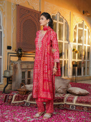 Women Red Silk Blend Ikat Embroidered Straight Kurta Trousers With Dupatta-SKSKD3105
