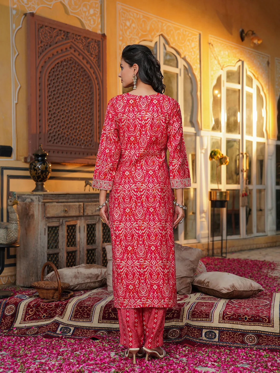 Women Red Silk Blend Ikat Embroidered Straight Kurta Trousers With Dupatta
