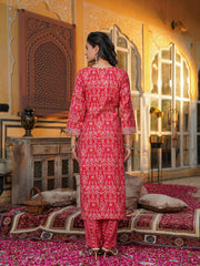 Women Red Silk Blend Ikat Embroidered Straight Kurta Trousers With Dupatta-SKSKD3105