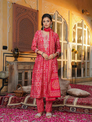 Women Red Silk Blend Ikat Embroidered Straight Kurta Trousers With Dupatta-SKSKD3105