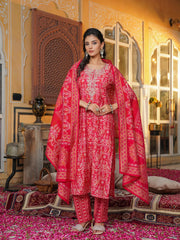 Women Red Silk Blend Ikat Embroidered Straight Kurta Trousers With Dupatta-SKSKD3105